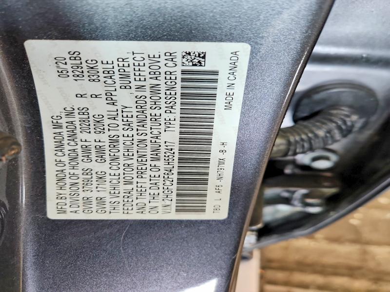 Продаж на аукціоні авто 2020 Honda Civic, vin: 2HGFC2F64LH552417, номер лоту: 62316996