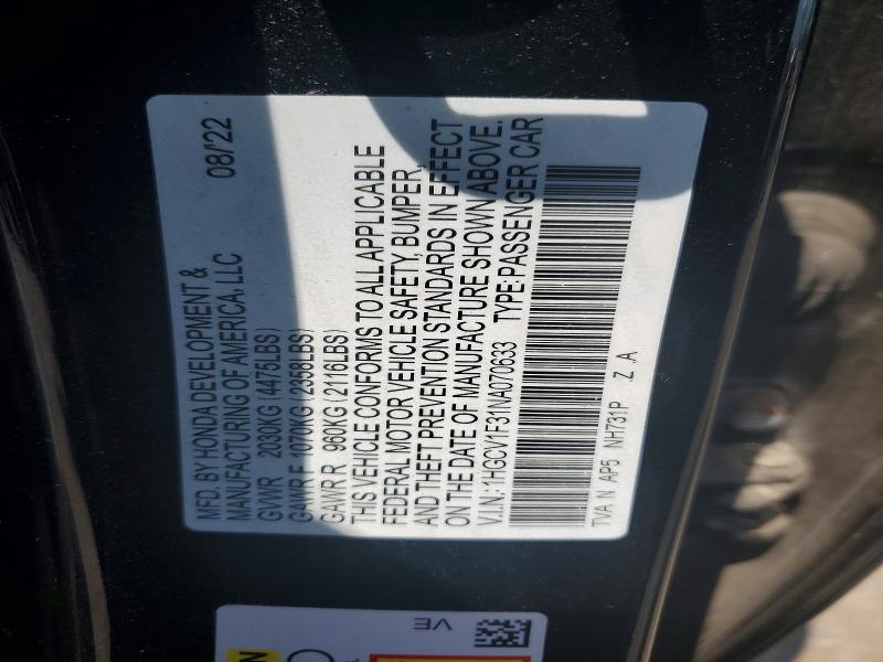 60958276 :رقم المزاد ، 1HGCV1F31NA070633 vin ، 2022 Honda Accord مزاد بيع