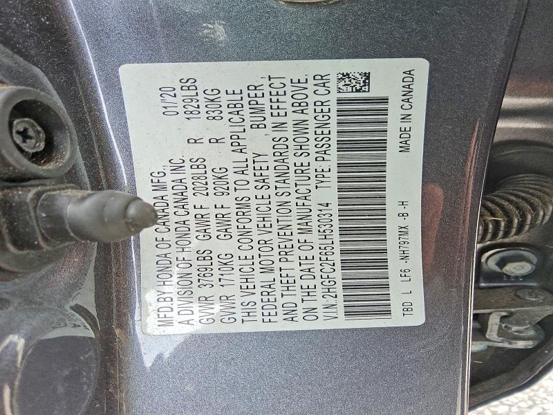 Продаж на аукціоні авто 2020 Honda Civic, vin: 2HGFC2F65LH530314, номер лоту: 57120576