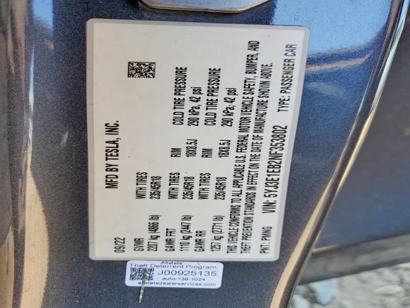 Aukcja sprzedaży 2022 Tesla Model 3, vin: 5YJ3E1EB2NF353802, numer aukcji: 60884916