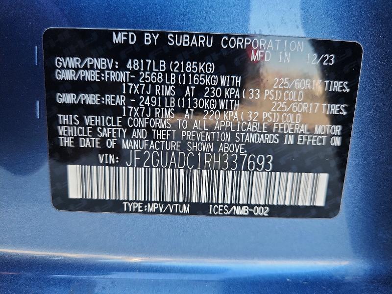 Aukcja sprzedaży 2024 Subaru Crosstrek, vin: JF2GUADC1RH337693, numer aukcji: 59298566