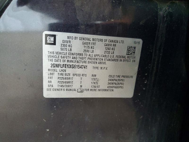 85608805 :رقم المزاد ، 2GNFLFEKXG6154741 vin ، 2016 Chevrolet Equinox مزاد بيع