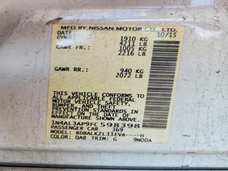 Продажа на аукционе авто 2015 Nissan Altima, vin: 1N4AL3AP9FC598398, номер лота: 62421316