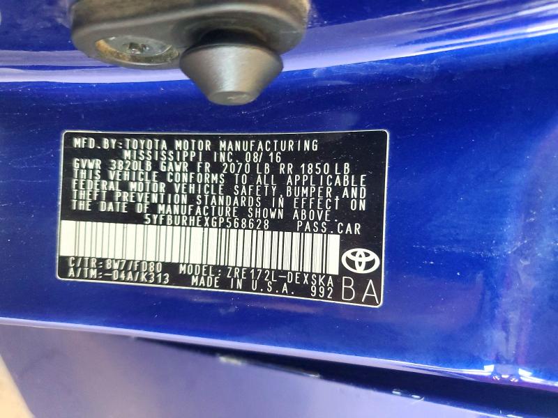 2016 Toyota Corolla მანქანა იყიდება აუქციონზე, vin: 5YFBURHEXGP568628, აუქციონის ნომერი: 63545726