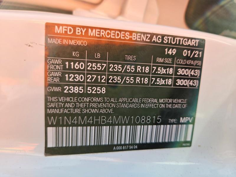 2021 Mercedes-benz Glb მანქანა იყიდება აუქციონზე, vin: W1N4M4HB4MW108815, აუქციონის ნომერი: 59221776