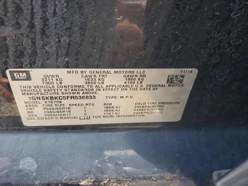2015 Chevrolet Tahoe მანქანა იყიდება აუქციონზე, vin: 1GNSKBKC5FR536833, აუქციონის ნომერი: 58312576