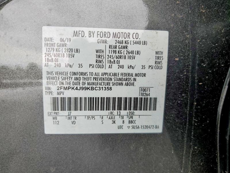 63108736 :رقم المزاد ، 2FMPK4J99KBC31358 vin ، 2019 Ford Edge مزاد بيع