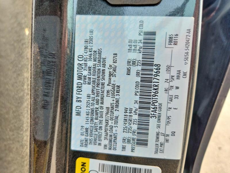 2019 Ford Fusion მანქანა იყიდება აუქციონზე, vin: 3FA6P0T96KR179668, აუქციონის ნომერი: 62840706