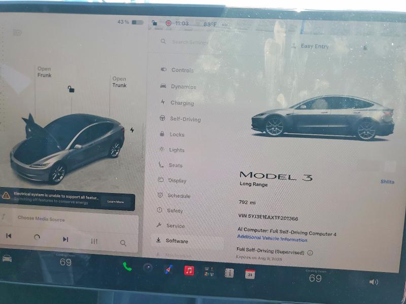 2026 Tesla Model 3 მანქანა იყიდება აუქციონზე, vin: 5YJ3E1EAXTF201366, აუქციონის ნომერი: 63009456