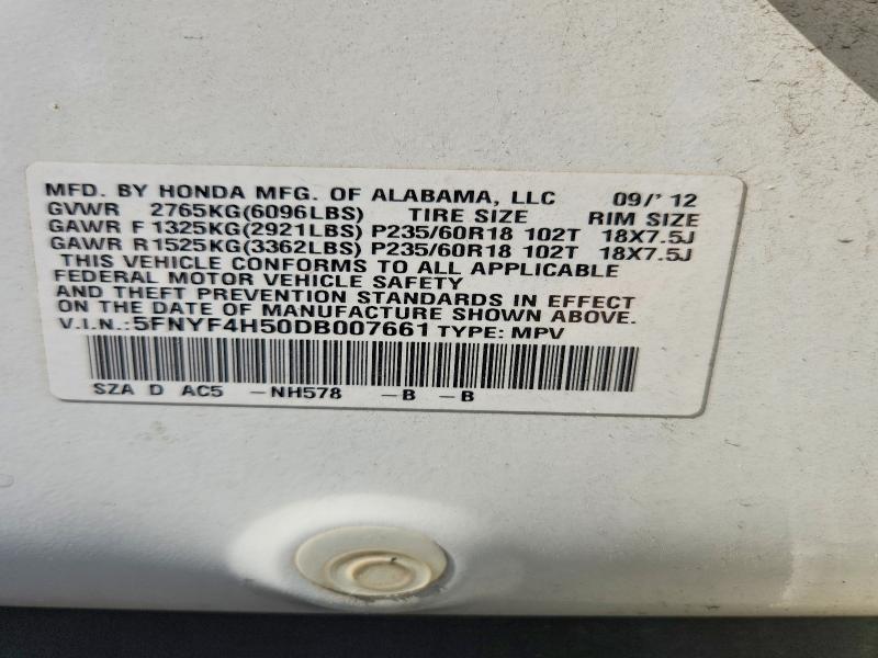 63492536 :رقم المزاد ، 5FNYF4H50DB007661 vin ، 2013 Honda Pilot مزاد بيع