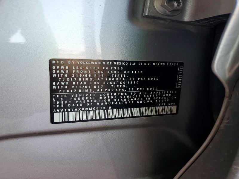 61622156 :رقم المزاد ، 3VV1B7AX0NM058019 vin ، 2022 Volkswagen Tiguan مزاد بيع