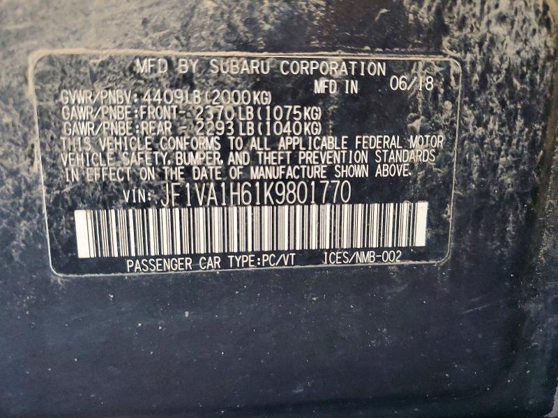 60741936 :رقم المزاد ، JF1VA1H61K9801770 vin ، 2019 Subaru Wrx مزاد بيع