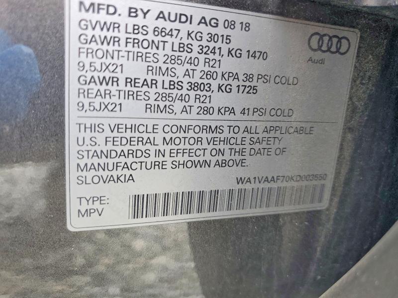 Продаж на аукціоні авто 2019 Audi Q7, vin: WA1VAAF70KD003550, номер лоту: 61145536