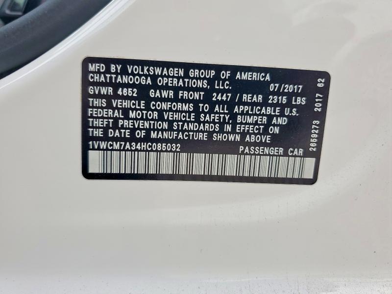 2017 Volkswagen Passat მანქანა იყიდება აუქციონზე, vin: 1VWCM7A34HC085032, აუქციონის ნომერი: 59621356
