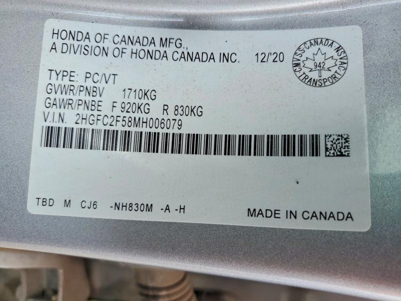 61751496 :رقم المزاد ، 2HGFC2F58MH006079 vin ، 2021 Honda Civic مزاد بيع