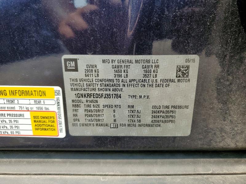 62639586 :رقم المزاد ، 1GNKRFED5FJ351784 vin ، 2015 Chevrolet Traverse مزاد بيع