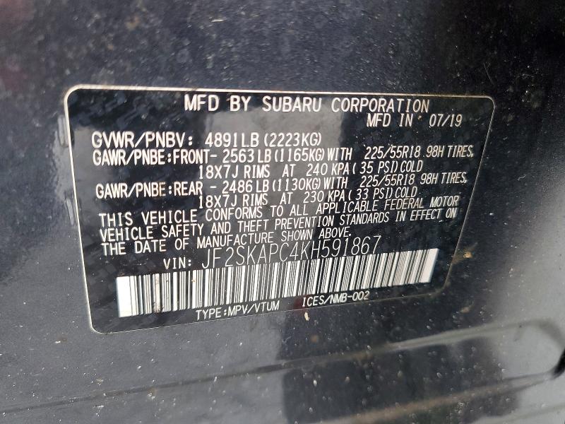 62919746 :رقم المزاد ، JF2SKAPC4KH591867 vin ، 2019 Subaru Forester مزاد بيع