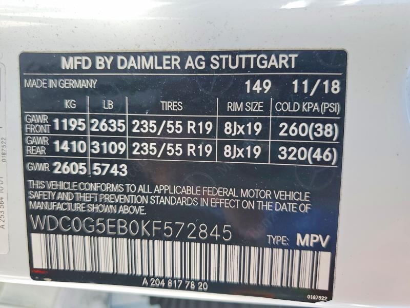 2019 Mercedes-benz Glc მანქანა იყიდება აუქციონზე, vin: WDC0G5EB0KF572845, აუქციონის ნომერი: 61234996