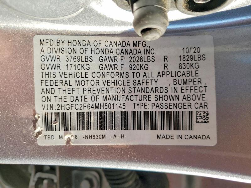 Продажа на аукционе авто 2021 Honda Civic, vin: 2HGFC2F64MH501145, номер лота: 62342886