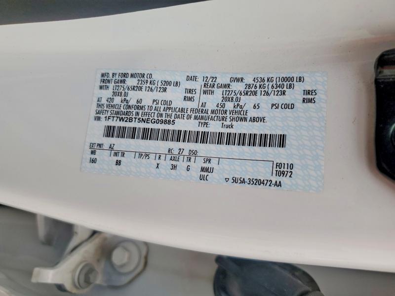 2022 Ford F250 მანქანა იყიდება აუქციონზე, vin: 1FT7W2BT5NEG09885, აუქციონის ნომერი: 57010086