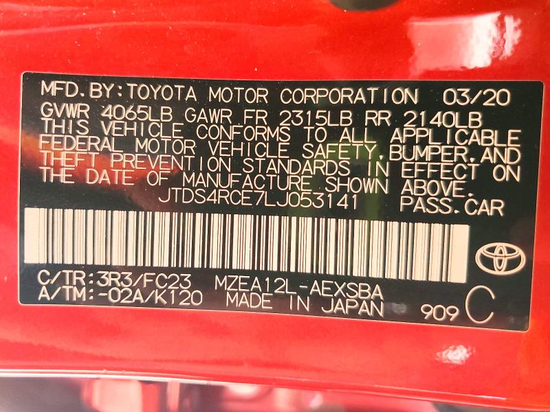 2020 Toyota Corolla მანქანა იყიდება აუქციონზე, vin: JTDS4RCE7LJ053141, აუქციონის ნომერი: 61197076
