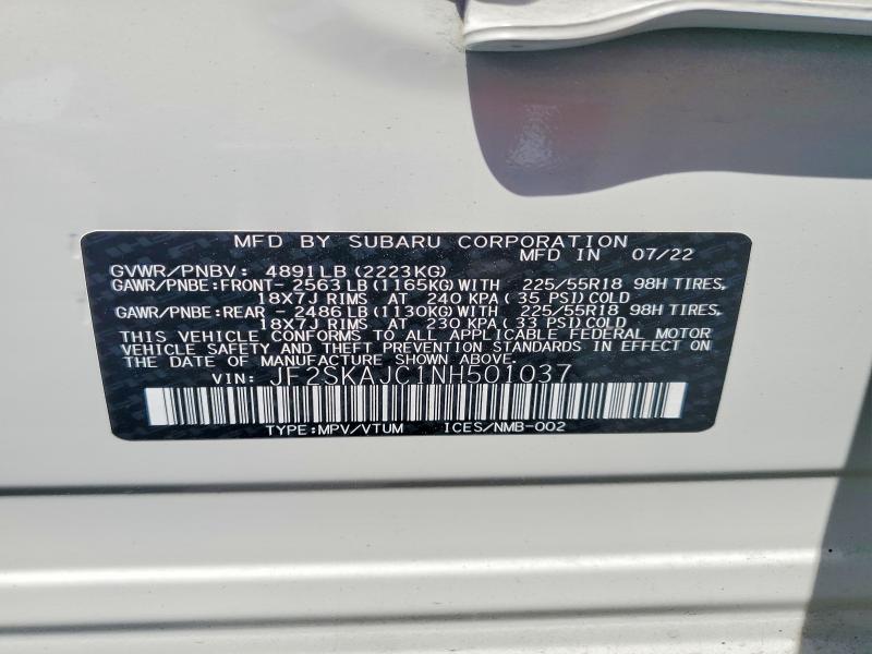 62723576 :رقم المزاد ، JF2SKAJC1NH501037 vin ، 2022 Subaru Forester مزاد بيع