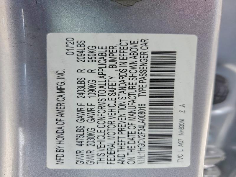 Aukcja sprzedaży 2020 Honda Accord, vin: 1HGCV2F34LA008016, numer aukcji: 62109276