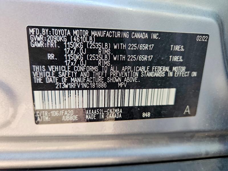 2022 Toyota Rav4 მანქანა იყიდება აუქციონზე, vin: 2T3W1RFV1NC181886, აუქციონის ნომერი: 60808156