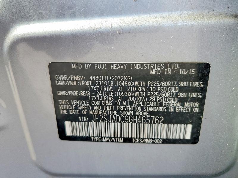 2016 Subaru Forester მანქანა იყიდება აუქციონზე, vin: JF2SJADC9GH465762, აუქციონის ნომერი: 62432076