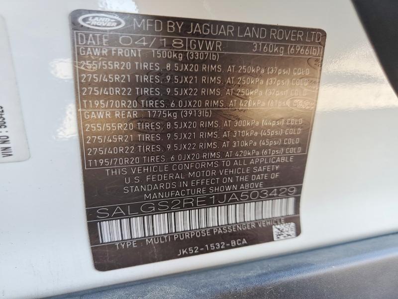 Aukcja sprzedaży 2018 Land Rover Range Rover, vin: SALGS2RE1JA503429, numer aukcji: 60191066
