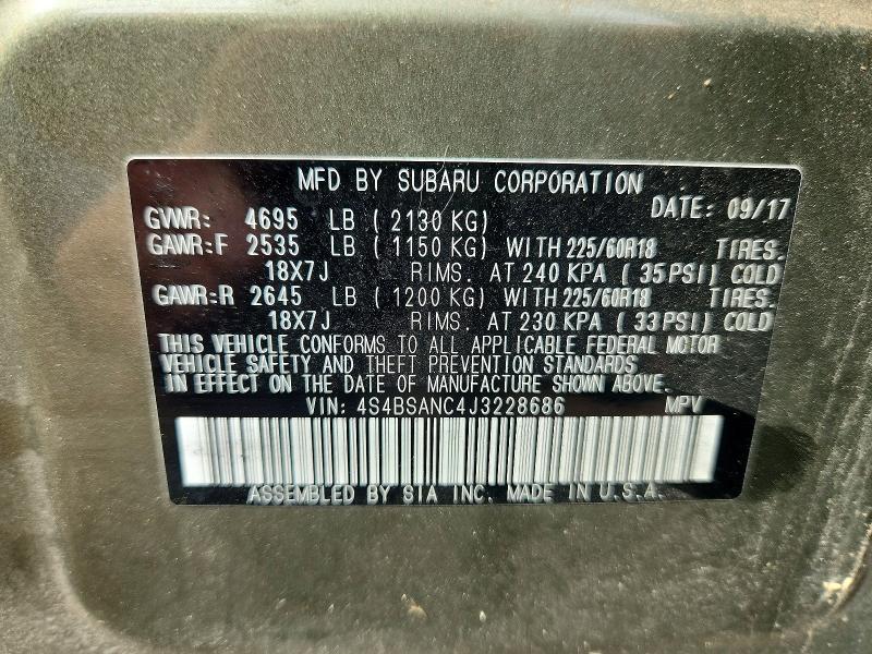 Продаж на аукціоні авто 2018 Subaru Outback, vin: 4S4BSANC4J3228686, номер лоту: 59274876