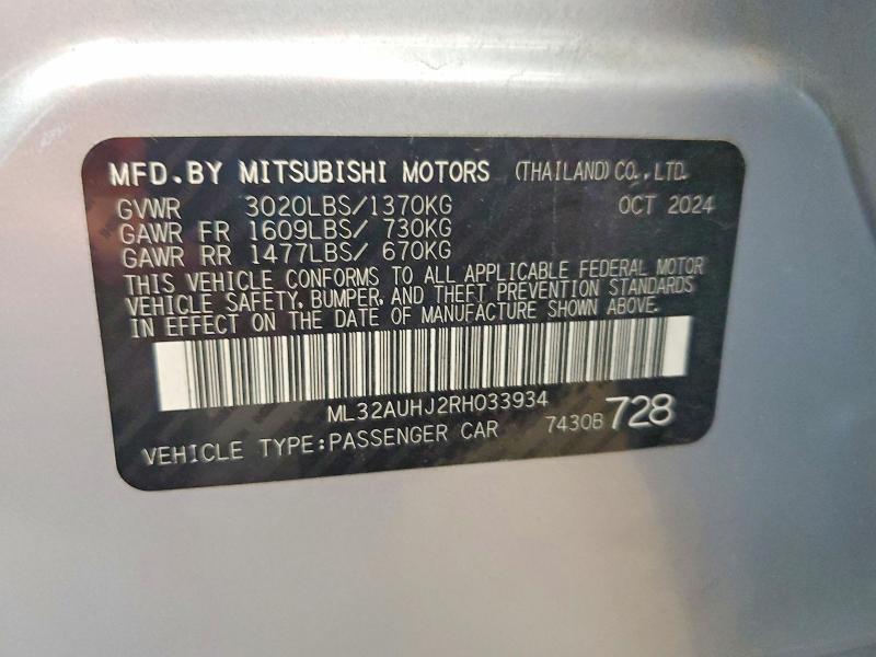 2024 Mitsubishi Mirage მანქანა იყიდება აუქციონზე, vin: ML32AUHJ2RH033934, აუქციონის ნომერი: 59787496