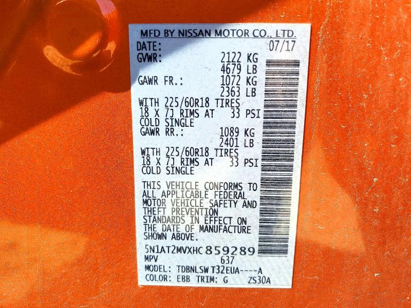 62159576 :رقم المزاد ، 5N1AT2MVXHC859289 vin ، 2017 Nissan Rogue مزاد بيع