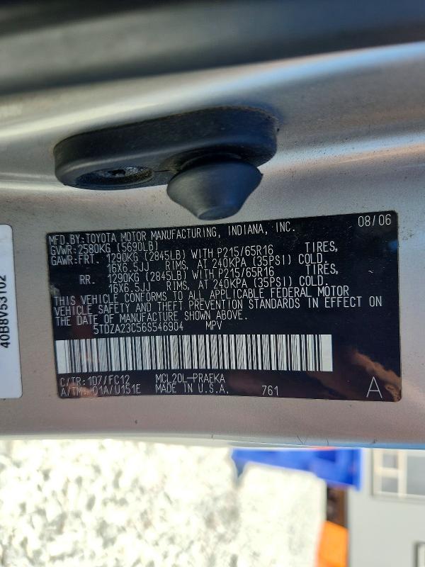 Aukcja sprzedaży 2006 Toyota Sienna, vin: 5TDZA23C56S546904, numer aukcji: 63538036