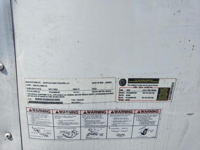 2022 Spartan Cargo Enclosed Cargo მანქანა იყიდება აუქციონზე, vin: 50XBE2028NA033095, აუქციონის ნომერი: 62716736