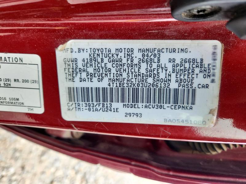 Продаж на аукціоні авто 2003 Toyota Camry, vin: 4T1BE32K03U206132, номер лоту: 62093576