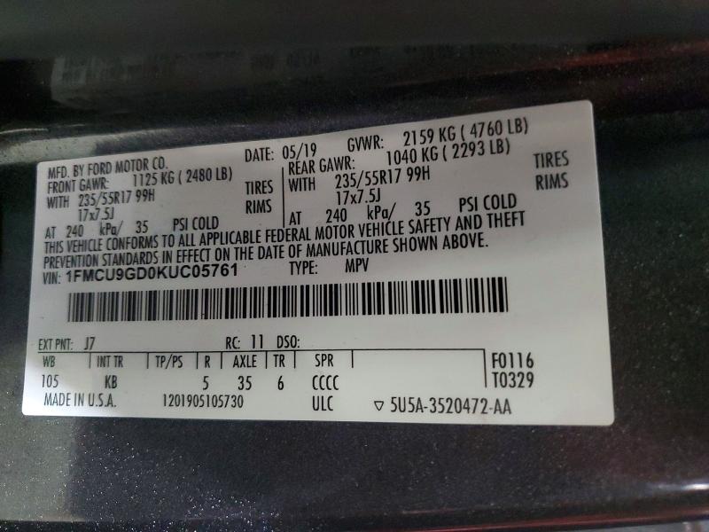 2019 Ford Escape მანქანა იყიდება აუქციონზე, vin: 1FMCU9GD0KUC05761, აუქციონის ნომერი: 61112586