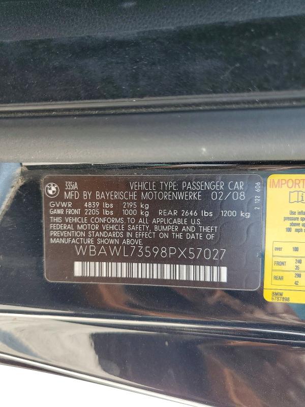Продаж на аукціоні авто 2008 Bmw 335, vin: WBAWL73598PX57027, номер лоту: 62725666
