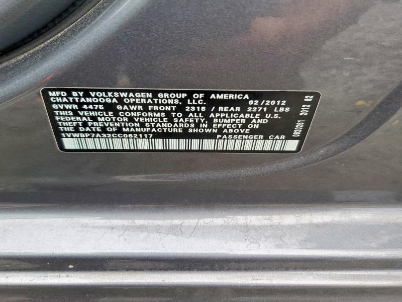 Aukcja sprzedaży 2012 Volkswagen Passat, vin: 1VWBP7A32CC062117, numer aukcji: 62816496
