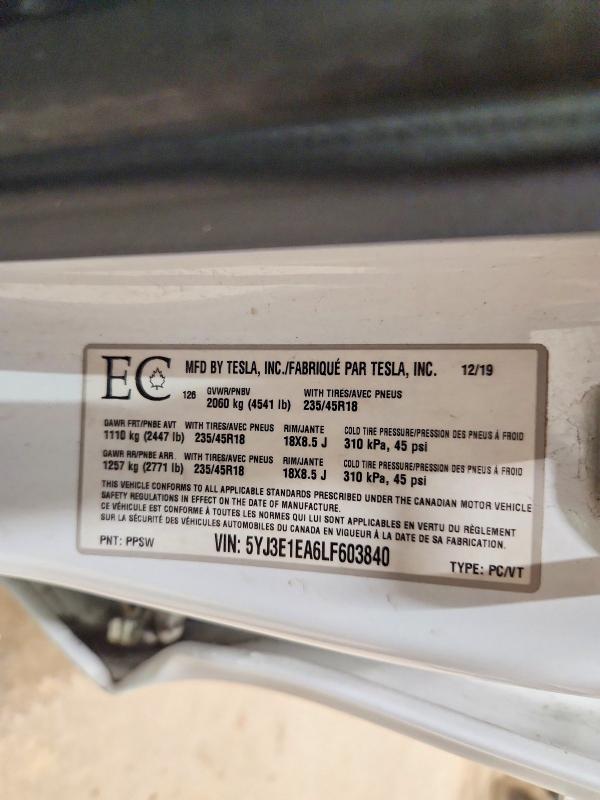 2020 Tesla Model 3 მანქანა იყიდება აუქციონზე, vin: 5YJ3E1EA6LF603840, აუქციონის ნომერი: 61024666