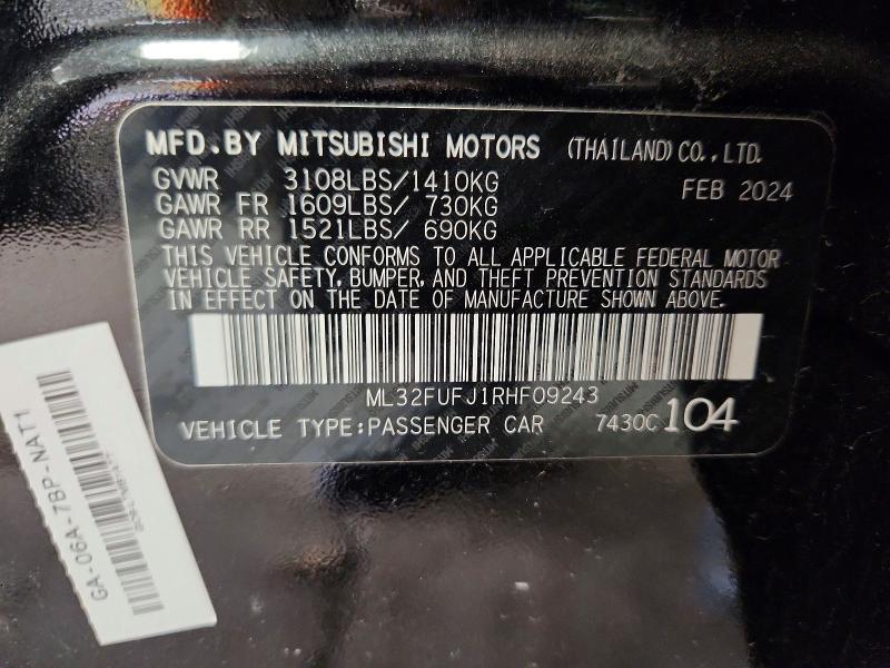 2024 Mitsubishi Mirage მანქანა იყიდება აუქციონზე, vin: ML32FUFJ1RHF09243, აუქციონის ნომერი: 61803126