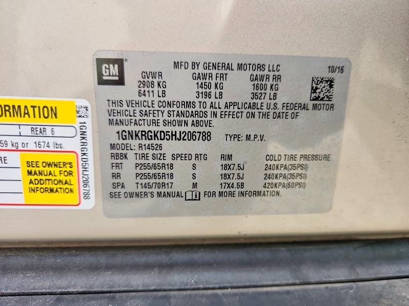 2017 Chevrolet Traverse მანქანა იყიდება აუქციონზე, vin: 1GNKRGKD5HJ206788, აუქციონის ნომერი: 62014246