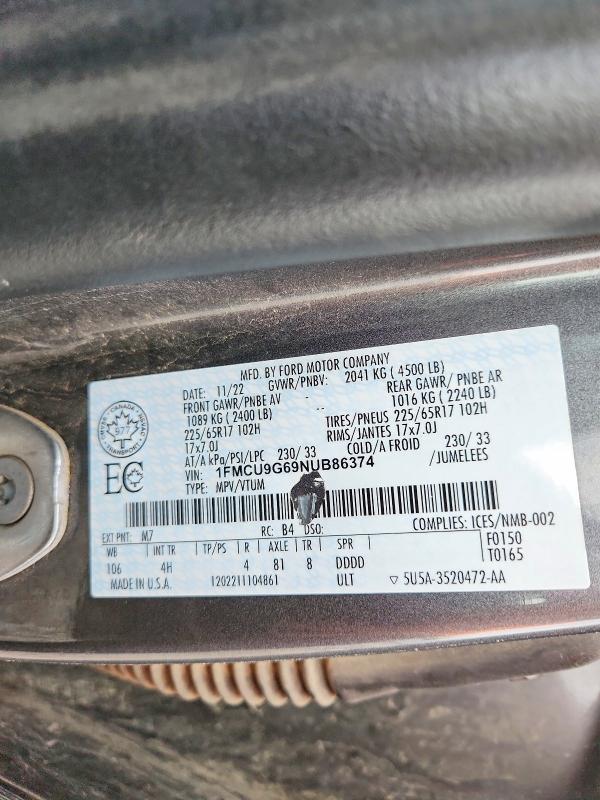 Продаж на аукціоні авто 2022 Ford Escape, vin: 1FMCU9G69NUB86374, номер лоту: 62089766