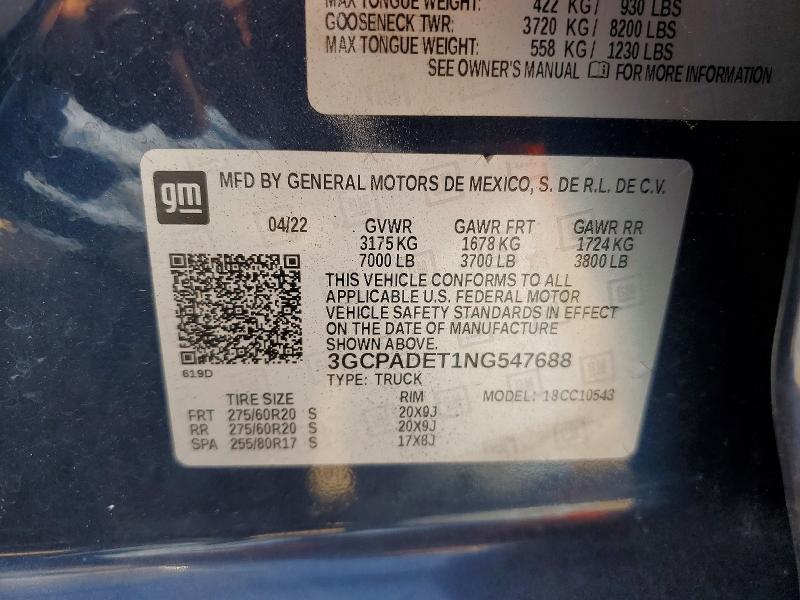 2022 Chevrolet Silverado მანქანა იყიდება აუქციონზე, vin: 3GCPADET1NG547688, აუქციონის ნომერი: 57520296
