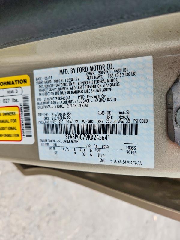 Продажа на аукционе авто 2019 Ford Fusion, vin: 3FA6P0G79KR245641, номер лота: 61860966