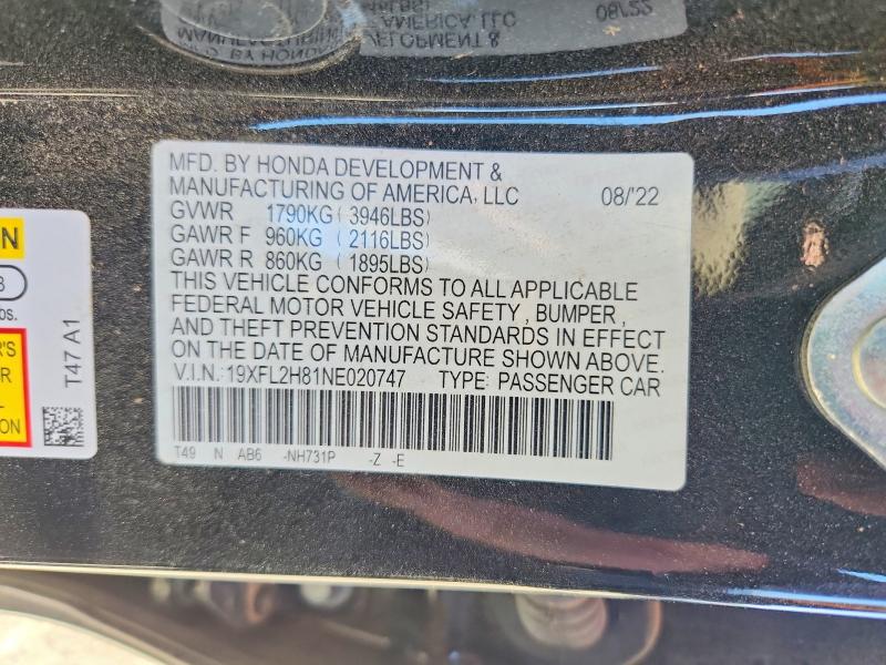 Aukcja sprzedaży 2022 Honda Civic, vin: 19XFL2H81NE020747, numer aukcji: 62132196