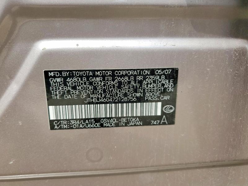 Aukcja sprzedaży 2007 Lexus Es, vin: JTHBJ46G472128756, numer aukcji: 62211616
