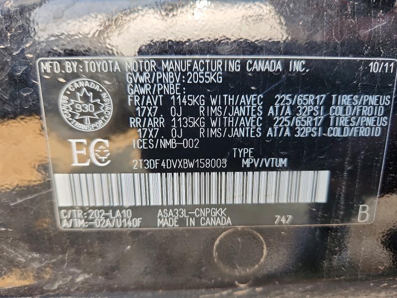 62834326 :رقم المزاد ، 2T3DF4DVXBW158003 vin ، 2011 Toyota Rav4 مزاد بيع