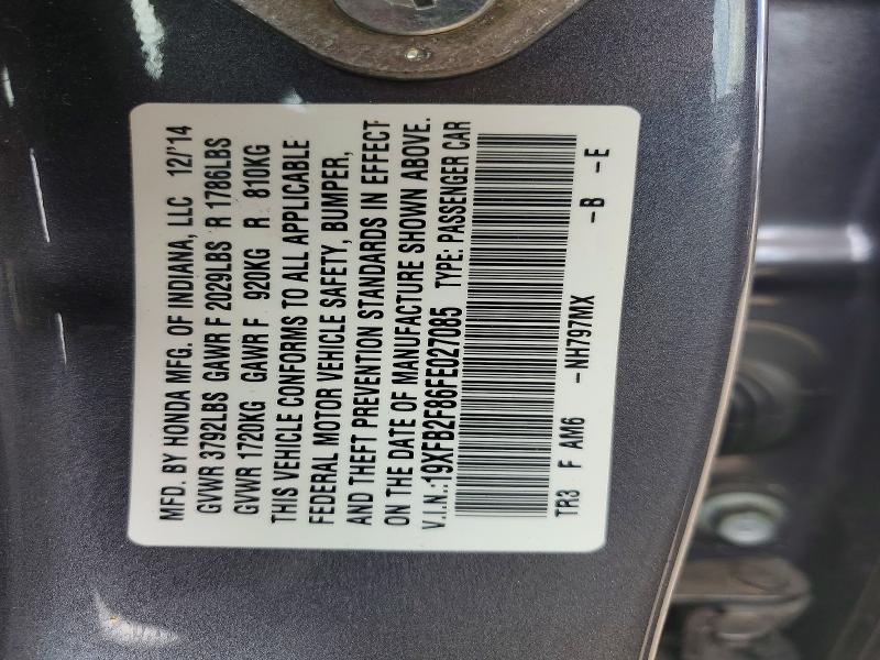 61179206 :رقم المزاد ، 19XFB2F86FE027085 vin ، 2015 Honda Civic مزاد بيع