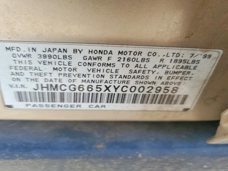 2000 Honda Accord მანქანა იყიდება აუქციონზე, vin: JHMCG665XYC002958, აუქციონის ნომერი: 61371886